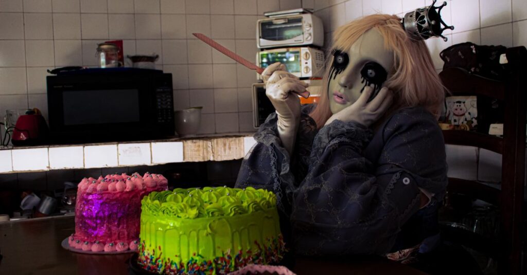 ローソンの2025年ハロウィン限定紫芋と竹炭スポンジのロールケーキ
