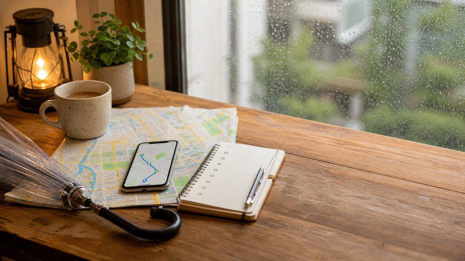 雨の日の愛知観光を計画するための地図とスマートフォン、傘のイメージ