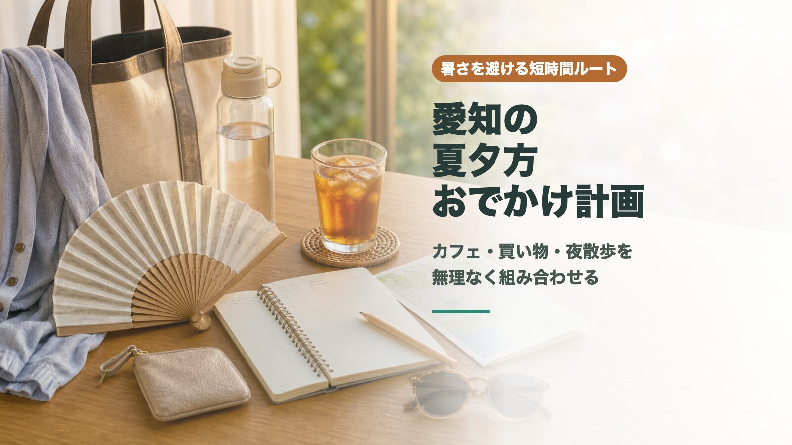 愛知の夏夕方おでかけ計画をイメージしたバッグや飲み物、ノートの文字入りアイキャッチ画像