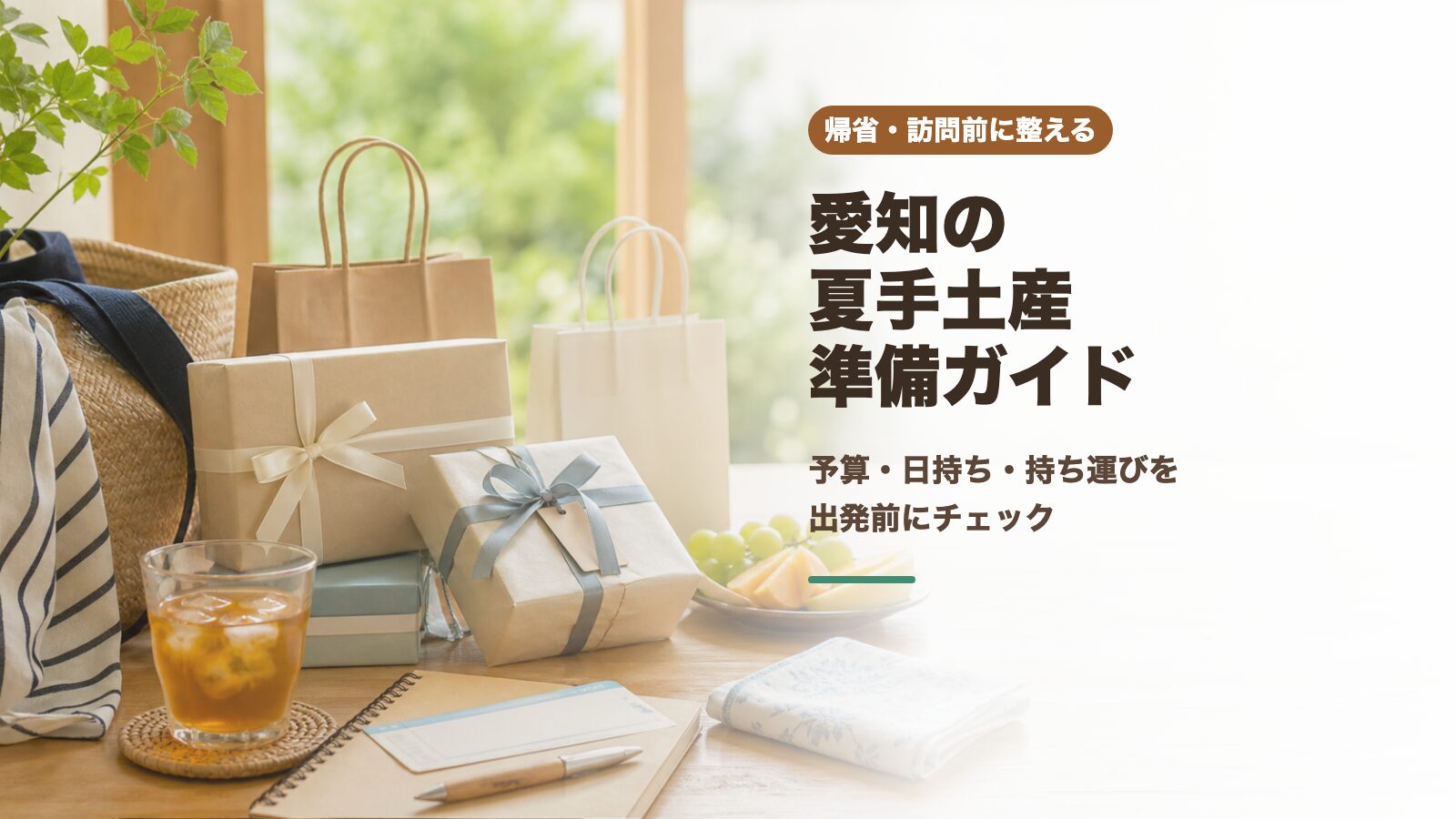 愛知の夏帰省手土産準備をイメージした包みや紙袋、飲み物の文字入りアイキャッチ画像