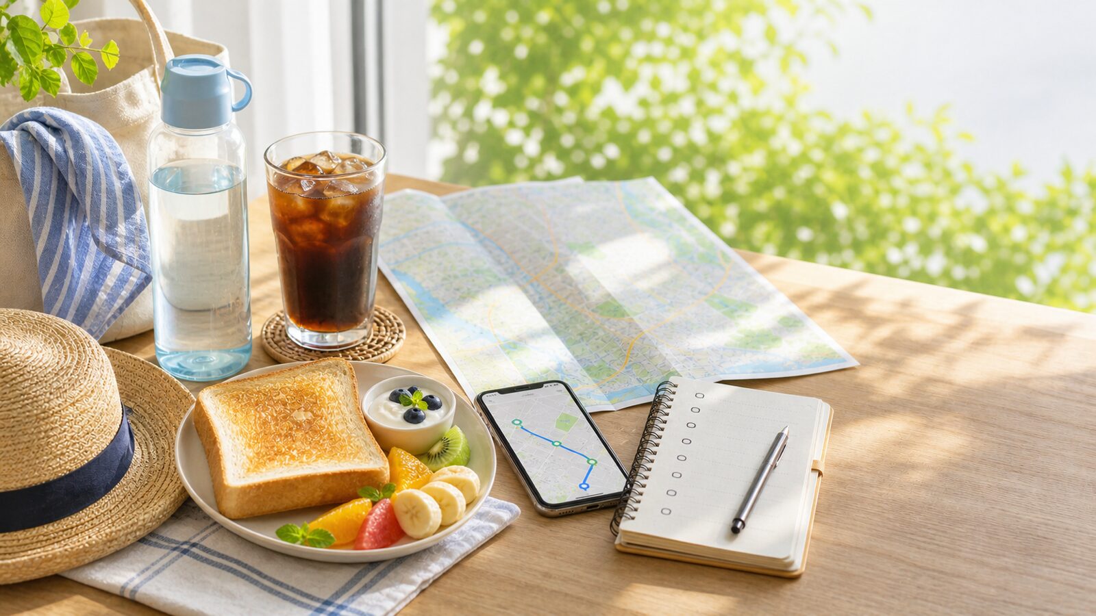 愛知の夏朝活おでかけを計画する地図と朝食、飲み物のイメージ