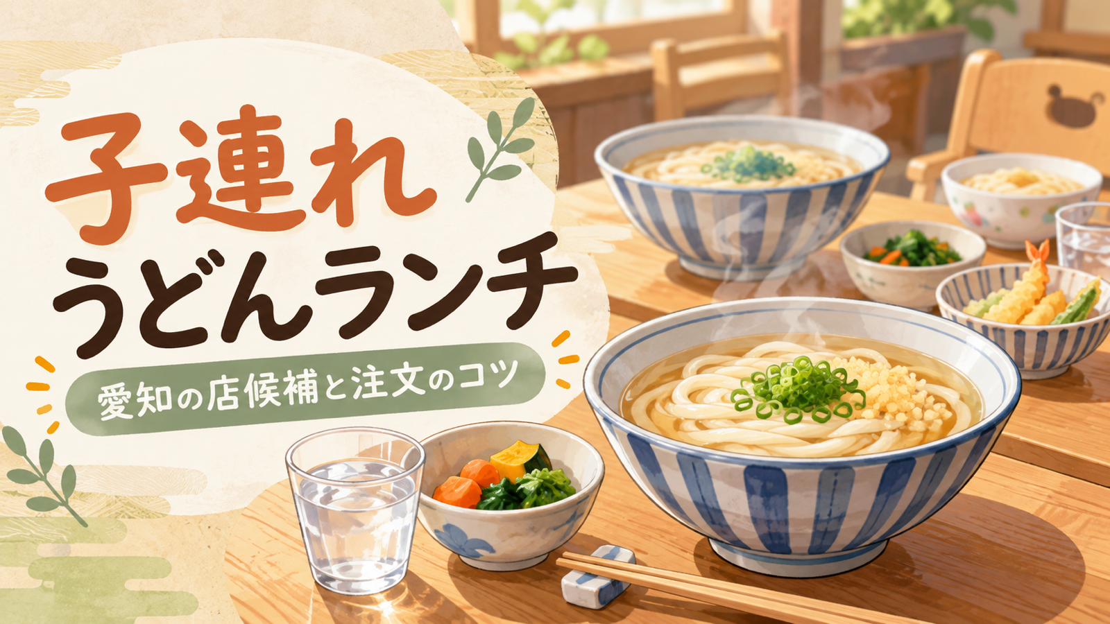 愛知の子連れうどんランチ候補|丸亀製麺・どんどん庵・サガミを注文方法で選ぶ。架空の風景を描いたオリジナルイラスト