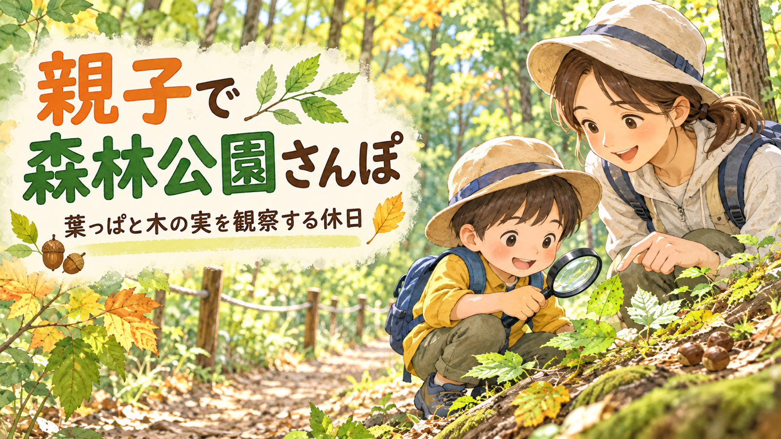 愛知県森林公園で親子の自然観察|無料エリアと植物園の違い・葉や木の実の見つけ方のオリジナルイラスト