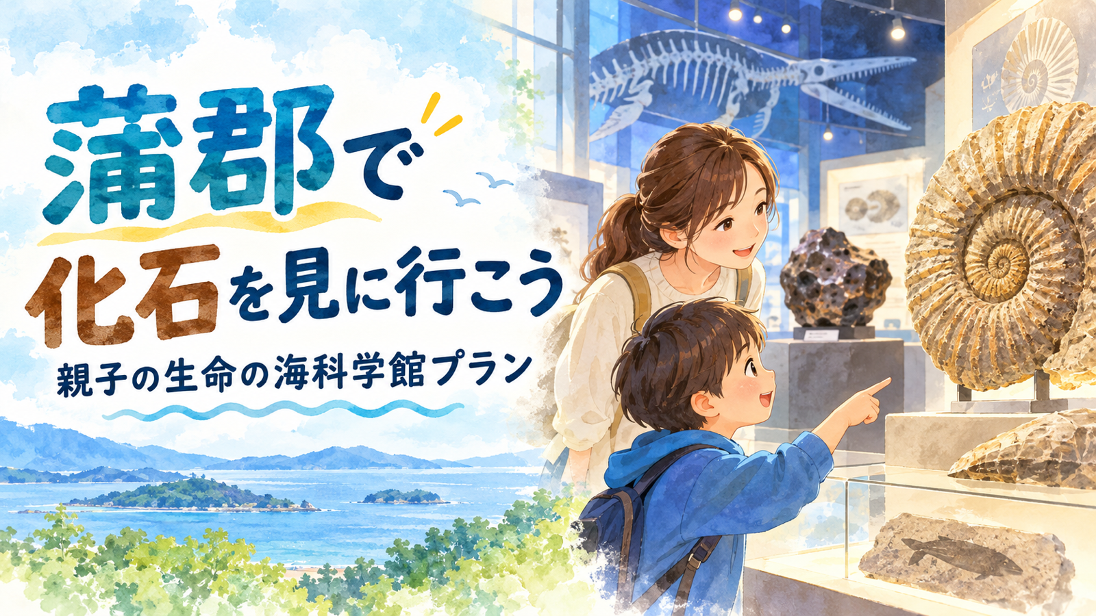 蒲郡で化石を見に行こう。親子の生命の海科学館プランのオリジナルイラスト