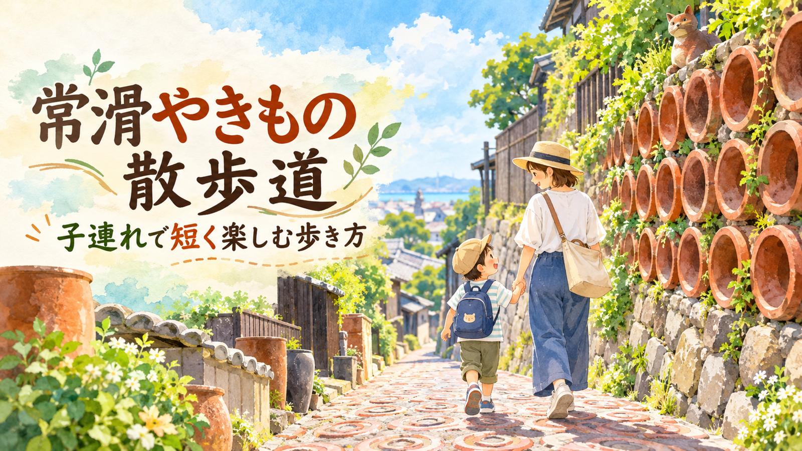 常滑やきもの散歩道を子連れで|Aコースの距離・坂道・休憩を考える半日プランのオリジナルイラスト